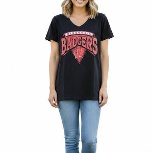 Retro Wisconsin Badgers Vneck Short Sleeve Shirt Black Red Collegiate S M